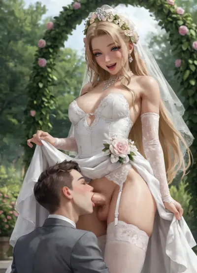 masterpiece, 4K best quality, high quality, absurdres, intricate details, very awa, depth of field, very aesthetic, rating, explicit, 2boy, boy-bride has a huge penis, blonde hair, long hair, blue eyes, open mouth, smile, she has a very muscular male chest, white wedding dress, bridal veil, white bridal gauntlets, garter straps, leg up, She is standing over her groom, (she shows her hyper futa-cock to him), grey tuxedo, male is kneeling, head under dress, head under another's clothes, holding another's leg, hand under clothes, hand on another's massive penis and testicles, implied gay blowjob, outdoors, garden, pink floral arch, from below, he licks her testicles, <lora:aesthetic_anime_v1s:1.2>, flat, chested, <lora:flat_chested_v3.5:.8>