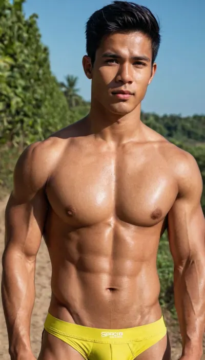 A man, 25 years old, young, Malay, handsome, muscular physique with a chiseled chest, mesomorph body type, fair-skinned, black hair, short hair, his body glistens with sweat, shirtless.

Wearing a speedo underwear.

Confident facial expression.

In a village, on a sunny day.