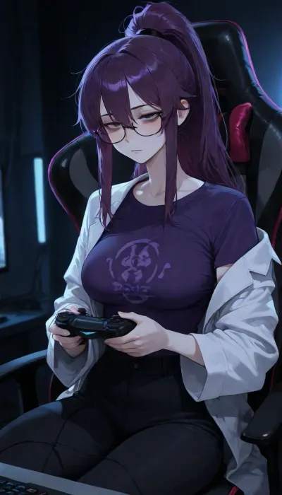 Female, solo, medium height, very skinny, very pale light skin, purple hair, tired, bags under eyes, glasses, wearing large lab coat and purple t shirt with black pants, medium boobs, long hair tied in ponytail, sitting in gaming chair, playing games, controller in hand, blush, no expression, dim lit room, rgb lights in corner