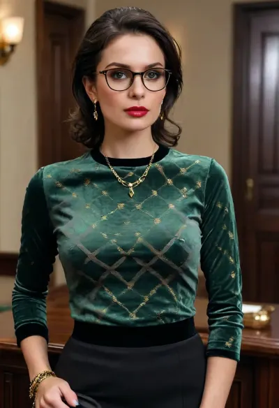 (masterpiece, best quality:1.2), 1 french 30yo woman, lawyer, (she wears a dark green golden diamond pattern velvet round neck shirt and long black skirt:1.4), accompanies a client in court, short slicked-back raven black hair, (modern styled with jewelry, earrings, bangles, necklaces, narrow rectangular glasses:1.4), bright blue eyes, photorealism, <lora:style_lora_realis:.5>, <lora:slicked-back_hair-000006:.5>