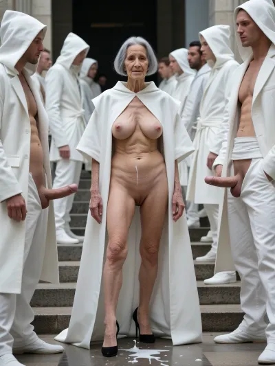 (A 90-year-old naked woman:1.8), . Her skin is wrinkled. The old woman has gray hair., (Small, very sagging breasts:3.8), ., (Highly detailed skin), . Bob haircut., . A wrinkled old woman, completely naked, has very large areolas and wears black high heels. Her hair is cut in a short bob. She stands in the middle of clothed men who have taken their penises out of their pants and are watching her while masturbating. Some of their semen falls to the floor, and the rest in the direction of the woman. The old woman seems satisfied.

full view, a crowd of models walking down a stone staircase, wearing avant-garde monochromatic white high-fashion outfits, hooded capes, structured white coats, sleek and minimalist design, clinical and sterile aesthetic, soft diffused lighting, brutalist architecture, monochromatic palette, high-end fashion show, cinematic atmosphere, 8k resolution, photorealistic, sharp focus, fashion photography style, detailed fabric textures, symmetrical composition.