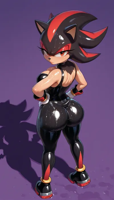 Ultra realistic 8k full HD., ((Genderbent Shadow the Hedgehog:1.7)), 1girl, solo, black fur, fur all over body, (Anthro furry), (furry art), (Shadow the hedgehog), (Shadow the hedgehog Hair), ((wearing Rouge the Bats iconic outfit:1.7)), view from above, hands on hips, (shiny oiled skin:1.3), (massive ass:1.2), Pose, standing in the water, torso arched, uberfit, muscular, athletic, <lora:uberfit_lora_sdxl:.8>, <lora:Spread_Ass__XL:.8>