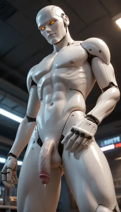 a male robot, robot, humanoid, (white plastic skin:1.3), synthetic, with mechanical joints, (curved penis:1), flaccid penis. robot is athletic, anatomically correct, tall, (slender, thin:1.2), handsome sexy. provocative cruel smile. normal size penis. In a spaceship with neon lights. Standing. Looking down at the viewer. penis close-up. Penis is dripping precum. Not muscular. robotic head. Robotic joints. Spread legs. Robot head, led eyes. Seen from side below