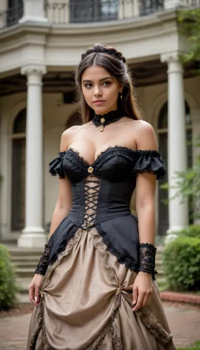 shallow depth of field, 85mm lens, ((18-year-old)), beautiful, athletic, (young), (Latina girl:1.6), ((black eye shadow)), ((Blunt Bangs brunette hair)), ((tight large breasts)), (exposed breasts:1.6), (Victorian opulent court dress:1.6), (walking in Victorian mansion gardens:1.6), direct eye contact, warm glow, cinematic atmosphere