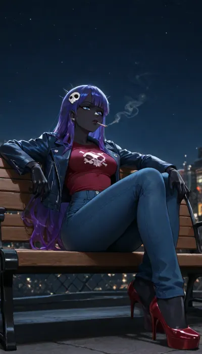 Female, small boobs, deep black skin, blue eyes, purple liquid hair, wearing blue leather jacket, wearing maroon t shirt with skull logo, spiky gloves, smoking cigarette, looking at sky, wearing blue denim pants and red high heels, sitting on bench, legs folded, at night, stary sky, solo, no sex