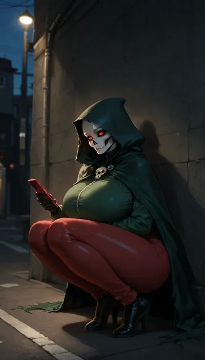 Female, very tall height, huge boobs, long legs, wearing black skull, glowing red eyes, blue torn cloak, no expression, wearing green jacket and red pants, squatting in corner, looking at phone, under street light, in public, dim lighting, at night, stary sky, solo, no sex