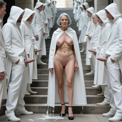 (A 90-year-old naked woman:1.8), . Her skin is wrinkled. The old woman has gray hair., (Small, very sagging breasts:3.8), ., (Highly detailed skin), . Bob haircut., . A wrinkled old woman, completely naked, has very large areolas and wears black high heels. Her hair is cut in a short bob. She stands in the middle of clothed men who have taken their penises out of their pants and are watching her while masturbating. Some of their semen falls to the floor, and the rest in the direction of the woman. The old woman seems satisfied.

full view, a crowd of models walking down a stone staircase, wearing avant-garde monochromatic white high-fashion outfits, hooded capes, structured white coats, sleek and minimalist design, clinical and sterile aesthetic, soft diffused lighting, brutalist architecture, monochromatic palette, high-end fashion show, cinematic atmosphere, 8k resolution, photorealistic, sharp focus, fashion photography style, detailed fabric textures, symmetrical composition.