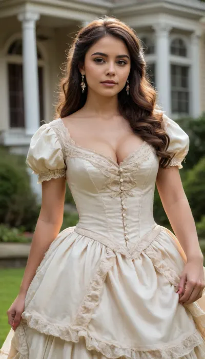 shallow depth of field, 85mm lens, ((18-year-old)), beautiful, athletic, (young), (Latina girl:1.6), ((black eye shadow)), ((Blunt Bangs brunette hair)), ((tight large breasts)), (((nipple slip))), (opulent Victorian court dress:1.6), (walking in Victorian mansion gardens:1.6), direct eye contact, warm glow, cinematic atmosphere