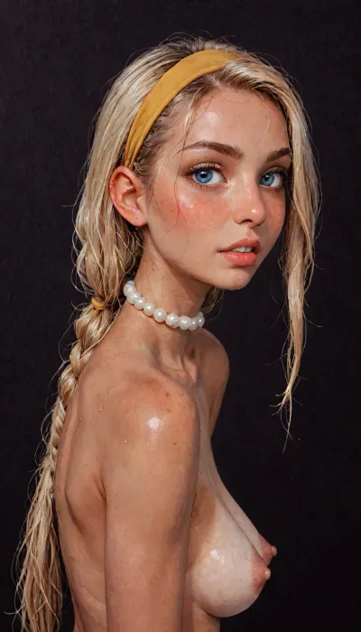 (reiq meets innv and Jack cayless art style), (Incase style:1.2), 2 beautiful girls, blonde hair, very long hair, bangs over eye, (view from rear), showing ass, symmetrical blue eyes, snub nose, plumb lips, parted lips, teeth visible, (dark brown tanned nipples), half-closed eyes, perfect natural breasts, erect puffy nipples, 1girl, solo, face focus, (yellow head band on forehead), beads of sweat, sweat body, beautiful curves of the body, bare shoulder, low tied hair, realistic detailed, deep insertion, intim light, topless, (simple dark background:1.8), pearl choker, tan line, skin texture, futuristic-fantasy-anime, incase, style, <lora:sd_xl_turbo_lora_v1-64dim:2>, <lora:futureistic_fantasy_anime_sdxl_v1:2>, <lora:Incase_Style__SDXL:2>