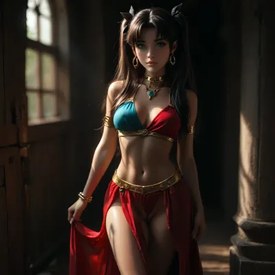 rin tohsaka from fate zero dross style reiq 1girl, heart shapes around., blushing, female elf, dancer girl, female dancer outfit. Thick thighs. medium breasts, small innie pussy, golden earrings, one breast is naked, bright eyes. silk lewd skirt, very aesthetic., big pussy. Puffy pussy. Cameltoe. elastic breast, score_9, score_8_up, score_7_up, original, sunlight in, Photorealistic, Hyper-detailed, 8k resolution, Sharp focus, Masterpiece, Extremely high fidelity, (perfect detailed face), (high realistic), (extreme realism), (dappled light, dappled sunlight), Natural blemishes, freckles, moles, discolorations, Subsurface scattering, ., <lora:MJ52:1.5>, <lora:attractive_notrigger:1.4>, <lora:BUT_SDXL_SHS:1.2>, <lora:Jeweled eyes-NAI:1>, <lora:dark:1.4>