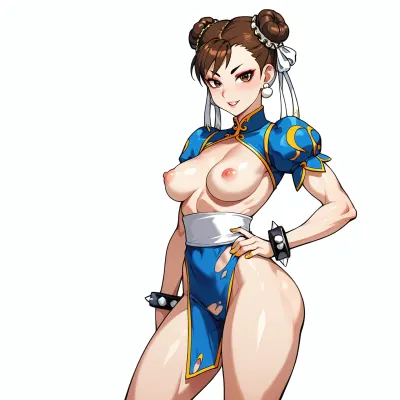 Single character, Chun-Li from Street Fighter, slim and fit body, petite build, seductive pose, long brown hair tied in two ox horn buns with white silk ribbons, large brown eyes, wearing a torn blue qipao, ripped clothing showing her breasts, torn clothes exposing her genitals, standing, cartoon character, thick black outlines, bold simple lines, flat colors, cel shaded, mobile game art style, animated ad style, bright saturated colors, simple facial features, minimal shading, clean white background, 2D illustration, vector art style, cartoon network style, anime ad, heroic character, simplified details, high contrast, bold shapes, pop art influence, game advertisement, clear simple lines, vibrant colors, naked, limon tits, big ass.