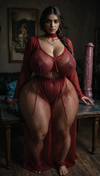 (Thicc Desi Busty Brown model in full sleeve see through sheer red top:1.5), (((voluptuous Busty thicc huge curvaceous Mommy body:1.3))), ((long straight hair braid, massive mommy saggy out naturals)), ((two dildos in blue and purple on the side table:1.3)), (burgundy sheer see through blue thongs cameltoe:1), (((massive mommy tits, wide toned hips))), massive mommy thighs, (((thicc belly chain waist:1.3))), ohwx, <lora:LCMTurboMix_Euler_A_fix:.8>, <lora:dark:.8>, <lora:VioletMyers_SDXL_v1-000005:.8>