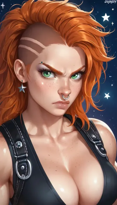 woman, female, 25 years old, long ginger hair, messy hairstyle, green eyes, freckles, uggly, angry, muscular, pokies, extrem deep cleavage, eye contact, cyber punk, in space, dark starship, uggly window, stars, high detailed, close to face, portrait, nose ring, nose piercing