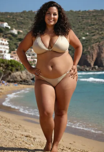 Realistic candid photo, 40 year old chubby bbw house wife, micro thong model, very saggy Boobs, very wide areolae, flabby belly, long black curly hair, tight swimsuit, cleavage, cameltoe visible, wide hips, super hairy vagina, posing at a sea side Mediterranean beach resort, standing open legs, scenic, realistic detailed eyes, realistic detailed face, realistic detailed tan skin, small smile, lovely feet, view from side, vendi, veinyonez, chubbyonez, matureonez, <lora:realboobzXL:.3>