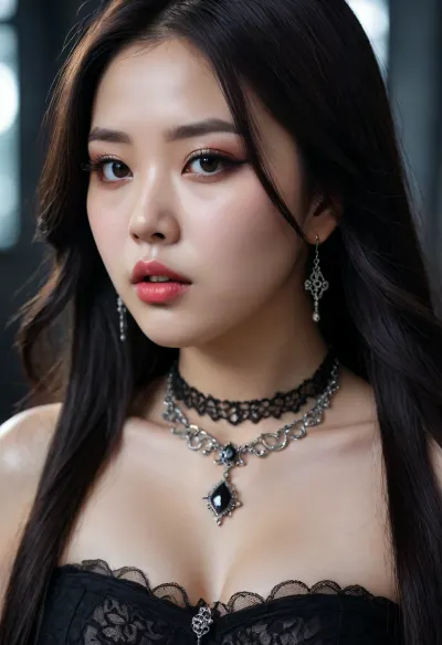 Melissa, a 20-year-old chubby Korean model woman, natural big lips, long straight hair, black hair, gothic style, with filigree silver jewellery, sweating