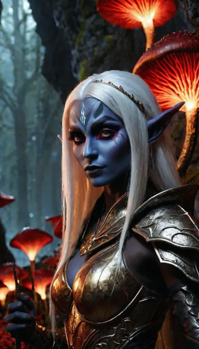 Gold foil, black and white, 4K, HD, Unreal Engine 5, hyperrealistic, Octane render, cosplay RPG portrait of a dark elf, (drow), detailed, glowing red irises, snow white long hair, in steel Gothic armor, Set against a backdrop of glowing, multicolored giant mushrooms and mosses in the rocky tunnels of the underground world of D&D, medium shot, in three-quarter profile, dynamic lighting, intricate details, summer brightness, cinematic, full body in frame