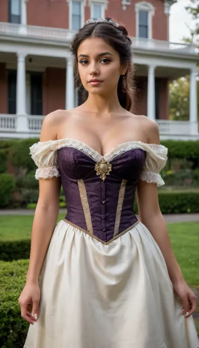 shallow depth of field, 85mm lens, ((18-year-old)), beautiful, athletic, (young), (Latina girl:1.6), ((black eye shadow)), ((Blunt Bangs brunette hair)), ((tight large breasts)), (((((exposed breasts))))), (opulent Victorian court dress:1.6), (walking in Victorian mansion gardens:1.6), direct eye contact, warm glow, cinematic atmosphere