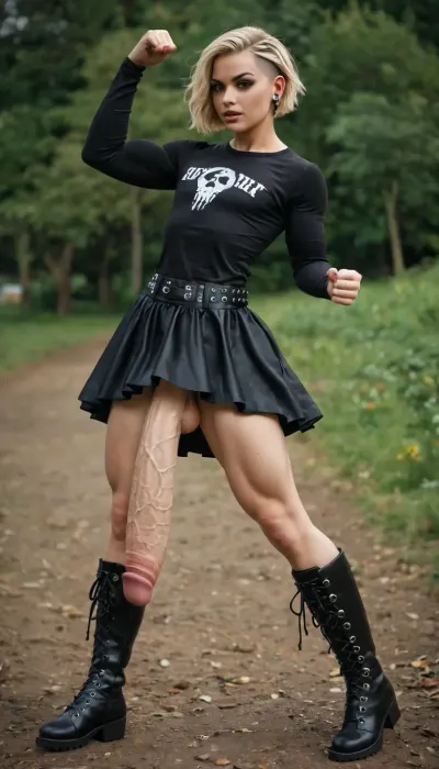 Very tall blonde androgynous man with a modelface feminin, with huge futa-cock, hyper-muscular and tall, clad in open metal-shirt, ruffles, sidecut blond short hair, power pose, round-testicles, lifting skirt showing tiny round-ass and mighty futa-cock, (plateau gothic boots), sideview. metal-festival campingground.