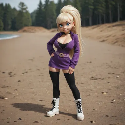 (Jack Cayless art style), (Pacifica Northwest from Gravity Falls), solo, Pacifica has long beach blonde hair with bell-shaped bangs and dark blue eyes. Pacifica usually wears a purple jacket with a short lavender dress, a periwinkle belt, and black leggings with off-white boots. She wears heavy purple eyeshadow and lavender hoop earrings., (young busty thick hourglass figure:1.6), thick thighs, thick hips, slutty, seductive, seductive spread pussy Pinup pose