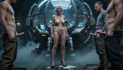 (A 90-year-old naked woman:1.8), . Her skin is wrinkled. The old woman has gray hair., (Small, very sagging breasts:3.8), ., (Highly detailed skin), . Bob haircut., . A wrinkled old woman, completely naked, has very large areolas and wears black high heels. Her hair is cut in a short bob. She stands in the middle of clothed men who have taken their penises out of their pants and are watching her while masturbating. Some of their semen falls to the floor, and the rest in the direction of the woman. The old woman seems satisfied.

cinematic shot of a lone pilot inside a spherical, high-tech glass cockpit of a complex mechanical walker, intricate metallic structure, dark industrial aesthetic, gritty textures, glowing control panels, moody atmospheric lighting, misty and foggy environment, dystopian sci-fi vibe, highly detailed mechanical parts, volumetric fog, sharp focus, masterpiece, 8k resolution, photorealistic, industrial design, cinematic composition, desaturated color palette with cool blue and grey tones.