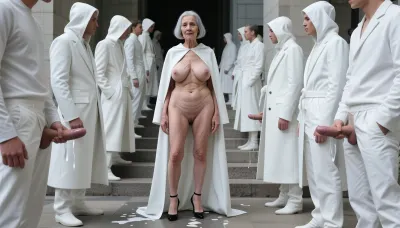 (A 90-year-old naked woman:1.8), . Her skin is wrinkled. The old woman has gray hair., (Small, very sagging breasts:3.8), ., (Highly detailed skin), . Bob haircut., . A wrinkled old woman, completely naked, has very large areolas and wears black high heels. Her hair is cut in a short bob. She stands in the middle of clothed men who have taken their penises out of their pants and are watching her while masturbating. Some of their semen falls to the floor, and the rest in the direction of the woman. The old woman seems satisfied.

full view, a crowd of models walking down a stone staircase, wearing avant-garde monochromatic white high-fashion outfits, hooded capes, structured white coats, sleek and minimalist design, clinical and sterile aesthetic, soft diffused lighting, brutalist architecture, monochromatic palette, high-end fashion show, cinematic atmosphere, 8k resolution, photorealistic, sharp focus, fashion photography style, detailed fabric textures, symmetrical composition.