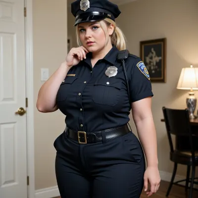 very voluptuous police officer, (((short stacked body))), (obese and overweighted), mesmerizing eyes, questioning face expression, wondering, blonde ponytail, sexy female, young chubby face, tight uniform, trousers, wide hips