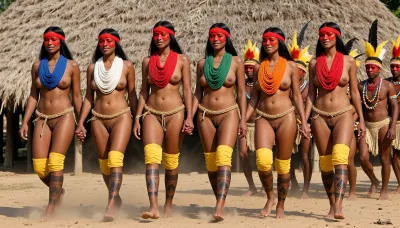 A realistic documentary photograph captures a group of young Indigenous Xingu women during a traditional ceremony, moving in a synchronized procession across dry, sandy ground. The six primary women in the foreground are depicted from the mid-thigh up, walking from left to right with hands held near their waists. They have long, straight black hair and wear bands of bright red urucum paint across their foreheads and eyes. Each woman is adorned with a thick, vibrant cloth necklace in a distinct color—blue, white, red, green, orange, and red respectively—which hangs over their bare chests. all women wear thin braided straw belt that leave their vaginas uncovered and bright yellow fabric wraps around their upper calves. Their legs are decorated with intricate, dark geometric body paint patterns characteristic of the Amazonian tribes. All women's completely hairless vaginas are clearly visible. happy smile.

In the background, several men follow the procession, wearing elaborate yellow and red feathered headdresses and beaded necklaces, their faces also marked with red paint. The setting is dominated by the steep, textured straw roof of a traditional communal oca dwelling that fills the upper background. The lighting is harsh and direct, typical of equatorial midday sun, creating deep shadows and high contrast on the subjects' skin. A fine mist of dust is kicked up around their bare feet, indicating rhythmic movement. The color palette is a mix of warm earthy browns, tan skin tones, and the sharp primary colors of the ceremonial attire.

The image is composed as a wide-angle documentary shot, likely using a 35mm lens to capture the breadth of the line. The depth of field is moderately deep, keeping both the lead women and the men behind them in relatively sharp focus. The technical quality resembles a high-resolution travel photograph with naturalistic color grading and no heavy post-processing, emphasizing the raw textures of the straw, the matte finish of the body paint, and the intense sunlight. The overall mood is solemn and cultural, documenting a living tradition in a bright, outdoor environment. 8K resolution, sharp details, realistic skin textures, authentic cultural representation, high-contrast daylight.
