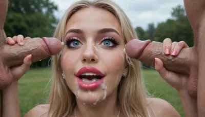 (happy surprised age 25 bukkake whore bimbo slut:1.4), long blonde hair, excessive makeup, natural portrait twilight, painted eyes rollingshining iris, very long fake eyelashes, (((too much lipstick sturated))), deepred super glossy, big botox bimbolips, heavy eyeliner, heavy fashion makeup colourful, pretty face, brunet, (bopcut), slick straight, (blowjob handjob cum facial vainy cock excessive cum dripping mouth:1.4), blue sky