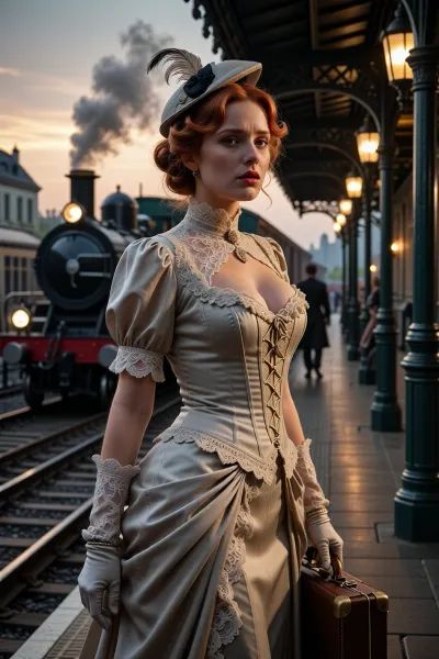A photorealistic, cinematic scene set at the twilight of the Belle Époque, early 1910s. A young busty redhead woman stands on an elegant railway platform at dusk, embodying the end of an age of luxury, refinement, and quiet certainty. She is the clear focal point of the image, dressed in a historically inspired Belle Époque outfit, a graceful high-fashion travel dress with a corseted silhouette, fine lace details, soft silk and velvet textures, elegant gloves, and a tasteful feathered hat. She holds a small suitcase or travel bag, suggesting departure and transition.

Her expression is filled with melancholy and hope, as if she is leaving one world behind and stepping toward an uncertain future. Her pose is poised and graceful, but emotionally resonant, conveying gentle sorrow for the past and anticipation of change. She glances slightly back over her shoulder, as if taking one last look at the world she is leaving behind.

Behind her, an elegant early-20th-century train station glows in the warm light of sunset and gas lamps. A steam locomotive waits nearby, with soft smoke drifting into the air. Iron-and-glass station architecture, polished platform details, and subtle traces of other travelers create an authentic historical setting without distracting from the heroine. The atmosphere is nostalgic, intimate, wistful, and refined.

Highly detailed, photorealistic, competition-quality image, realistic skin texture, lifelike eyes, soft cinematic lighting, warm dusk glow, historical accuracy, elegant composition, emotional storytelling, shallow depth of field, refined Belle Époque mood