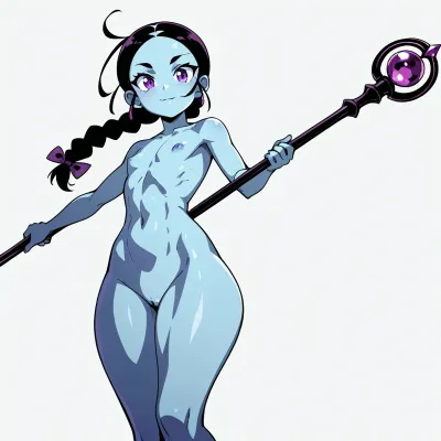 Single character, smaller girl, Kusu from Orphen, long white braided hair, large purple eyes, pale blue skin, naked, standing, wearing only her floating ring and holding her magical staff, cartoon character, thick black outlines, bold simple lines, flat colors, cel shaded, mobile game art style, animated ad style, bright saturated colors, simple facial features, minimal shading, clean background, 2D illustration, vector art style, cartoon network style, anime ad, heroic character, simplified details, high contrast, bold shapes, pop art influence, game advertisement, clear simple lines, vibrant colors, limon tits, big ass.