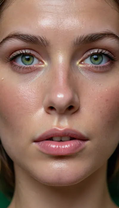 ultra-detailed close-up portrait of a woman with striking, vivid green eyes, natural glowing skin, visible freckles across the nose and cheeks, soft natural lighting, wet-look glossy lips, thick dark eyebrows, subtle blush, high-fashion photography style, cinematic lighting, hyper-realistic, 8k resolution, soft focus background, masterpiece, sharp focus on eyes, intricate skin texture.