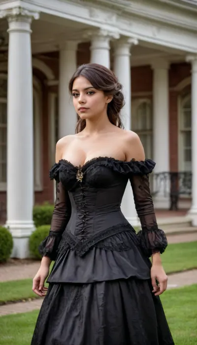 shallow depth of field, 85mm lens, ((18-year-old)), beautiful, athletic, (young), (Latina girl:1.6), ((black eye shadow)), ((Blunt Bangs brunette hair)), ((tight large breasts)), (exposed breasts:1.6), (Victorian opulent court dress:1.6), (walking in Victorian mansion gardens:1.6), direct eye contact, warm glow, cinematic atmosphere