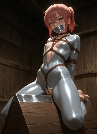 (((Kobayashi from Miss Kobayashi's Dragon Maid))), short ponytail, (((beautiful brown eyes, glasses))), (tiny breasts, flat chest), spread legs, her arms are bound tightly behind her back, (((she is wearing a shiny white catsuit that is zipped down))), ((brown rope shibari harness)), (((silver duct tape covers her mouth))), (ultra horny facial expression), ((blushed face)), black eyebrows, black choker, ((bare feet)), (((huge wooden horse))), crotch rub, (lots of pussy juice), bdsm dungeon, night, highly detailed, nsfw, bound, tied, bondage, bdsm, tall woodenhorse, whb, wooden horse torture device, punishement, (((torture chamber))), torture, wooden walls, cold lighting, low light, correct human anatomy, full body shot, beautiful, masterpiece, best quality, photorealistic, anime style, (((very low angle))), <lora:dark:.2>