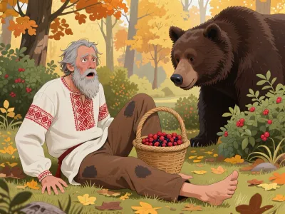 A highly detailed illustration in the style of a Russian folk tale, created as a digital painting. An autumn forest, with golden-yellow and orange leaves on tall trees, green bushes with red berries, and fallen yellow and brown leaves on the grass. In the foreground, an old peasant sits on the ground with disheveled gray hair, a thick gray beard and mustache, and a wrinkled face with eyes wide open in fear and surprise and his mouth agape. He is dressed in a white linen Russian shirt with red embroidery on the collar, chest, and sleeves, brown trousers with dark patches, and is barefoot. One hand rests on the grass, one leg is stretched out in front of him, while the other is bent at the knee. A woven basket stands nearby, filled to the brim with ripe berries. A large brown bear emerges from the green bushes with red berries, gazing calmly. Soft, warm autumn lighting, highly detailed textures of the fur, fabric, basket weave, and foliage, a professional folk-style illustration.