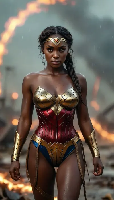 8k, best quality, (masterpiece), (intricate details), ((rear view)), super sexy 25 year old African female dressed as a Wonder Woman, ((very dark skin:1.4)), Long black braided hair, perfect eyes, perfect face, perfect lighting, 4beautiful, high detail, octane render, detailed eyes, sexy, walking away, view from behind, holding golden lasso, mysterious, (full-body shot from a distance), standing in the center of a tornado with debris blowing around her, huge natural breasts, round buttocks, curvy thighs, curvy round hips, wide thigh gap, tight round ass, Rainbowiridal, Spiral, rainbowiridal, eyes, palette, Shiny..., Bright..., Intense, gaze, Fire, dragon, Amber, cat, Anthro..., woman, Genetically, modified..., <lora:MJ52:1.5>, <lora:Stunning_eyes_2:.8>