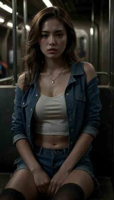 Young slender woman sitting alone on a subway at night, (Korean:1.5), side view, she looks over her shoulder side eye, concerned clenched teeth, side swept bangs long hair, 8k skin pores, detailed, eyes, perfect, freckles, skin, texture, photorealistic, wearing necklace, tank top, off shoulder loose jacket, denim shorts, stockings, <lora:dark:2>, <lora:Super_Eye_Detailer_By_Stable_Yogi_SDPD0:.8>