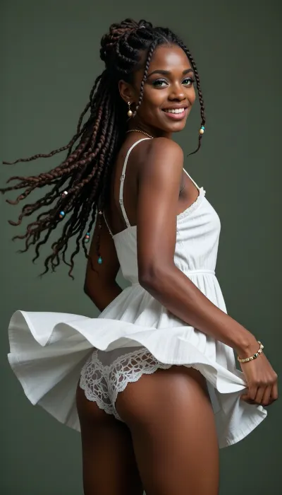A highly detailed photorealistic fashion portrait of a striking African woman, 25 years old, with exceptionally dark, luminous skin, standing against a clean neutral dark green studio background, she turns joyfully on the spot with natural momentum, her white summer dress swirling outward and lifting through the motion, briefly revealing elegant white lace underwear in a tasteful playful fashion context, her posture confident, lively, graceful, and feminine, her expression warm, inviting, mischievous, and genuinely happy, with a captivating smile directed toward the viewer, vivid green eyes with extremely detailed irises, pupils, catchlights, eyelids, lashes, and fine eyebrow hairs, realistic facial anatomy, subtle pores, natural highlights, delicate skin texture, refined cheekbones, and highly detailed lips, her extremely long dreadlocks reach to her buttocks, individual locks clearly separated, richly textured, naturally weighted, moving with the spin, decorated with small beads and subtle ornaments, the dress fabric shows precise weave, folds, seams, translucency variation, tension, and motion, the lace underwear has intricate textile structure without nudity, every visible area of skin rendered with realistic microtexture, fine hairs, tonal variation, soft specular highlights, and natural anatomy, premium full frame photography look, crisp subject separation, controlled studio lighting, soft directional illumination, subtle rim light, deep tonal range, strong microcontrast, realistic color response, shallow depth of field, razor sharp focus on face and upper body, natural motion in the skirt and hair, extremely high resolution, cinematic realism, sophisticated editorial fashion photography, with immaculate rendering of hands, fingers, knees, shoulders, proportions, jewelry, fabric edges, and hair strands