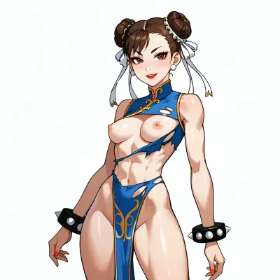 Single character, Chun-Li from Street Fighter, slim and fit body, petite build, seductive pose, long brown hair tied in two ox horn buns with white silk ribbons, large brown eyes, wearing a torn blue qipao, ripped clothing showing her breasts, torn clothes exposing her genitals, standing, cartoon character, thick black outlines, bold simple lines, flat colors, cel shaded, mobile game art style, animated ad style, bright saturated colors, simple facial features, minimal shading, clean white background, 2D illustration, vector art style, cartoon network style, anime ad, heroic character, simplified details, high contrast, bold shapes, pop art influence, game advertisement, clear simple lines, vibrant colors, naked, limon tits, big ass.