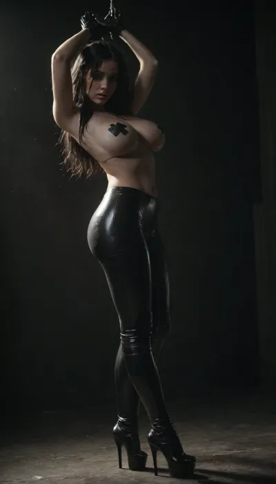 ((photorealistic)), big tits, hudge breasts, (warm dim lighting), (black room), ultra detailed face, (young woman), (wet skin), (youthful face), (petite), short, slim, blue eyes, long hair, dark hair, messy hair, (big breasts), (black latex miniskirt), (black latex gloves), (red nipple tape), (redrimlight), (RED SPOT lihht above head), (high heels), hair, tight butt, (aroused), (parted lips), (hands tied above head), looking at viewer, she is, (elbows raised), (arched back), (black latex bra), (underboob), (black latex leggings), (platform shoes), anal sex, shaved wet pussy, leg lift, 3/4 side view, High, Resolution, More, Details, 8K, pale, <lora:girllikesplashpad_sdxl:.8>, skin, detailxl, <lora:dark:1>, <lora:Pale_Skin_SDXL_v1.0:.8>, <lora:hair-over-face-01-000007:.8>
