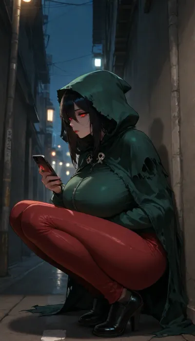 Female, very tall height, huge boobs, long legs, wearing black skull, glowing red eyes, blue torn cloak, no expression, wearing green jacket and red pants, squatting in corner, looking at phone, under street light, in public, dim lighting, at night, stary sky, solo, no sex