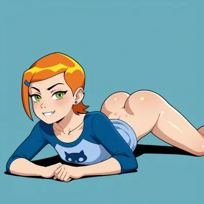 Single character, Gwen Tennyson from Ben 10, petite body, short stature, small frame, pale skin, white skin, lying on her stomach, legs spread, penetration, wearing a blue short-sleeved shirt with a white cat emblem and her signature blue hair clip, cartoon character, thick black outlines, bold simple lines, flat colors, cel shaded, mobile game art style, animated ad style, bright saturated colors, orange hair, simple facial features, minimal shading, clean background, 2D illustration, vector art style, cartoon network style, anime ad, heroic character, simplified details, high contrast, bold shapes, pop art influence, game advertisement, clear simple lines, vibrant colors, naked, limon tits, big ass.