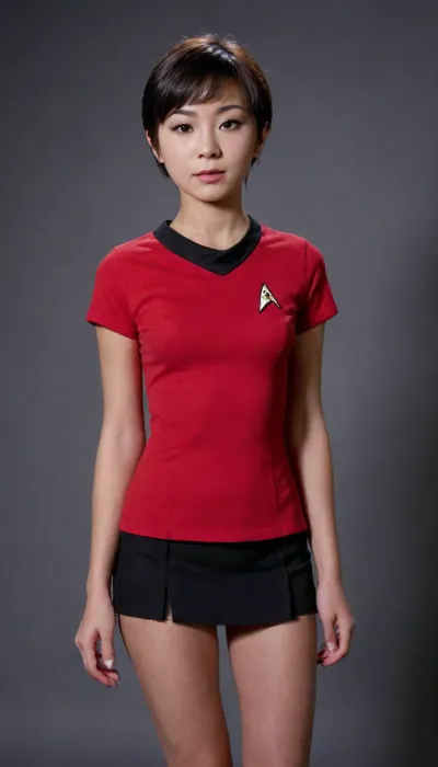 Super Sexy, young, Cute Asian, pixie cut cosplay as Star Trek uniform. flat breasts, startrektos, dress, <lora:TOSXL-000040:.8>, tiny petite girl. Petite, boy chest., <lora:ahxl_v1:.8>, flat, chested, <lora:flat_chested_v3.5:.8>, ripped and torn red Cadet uniform. no tits. low cut top