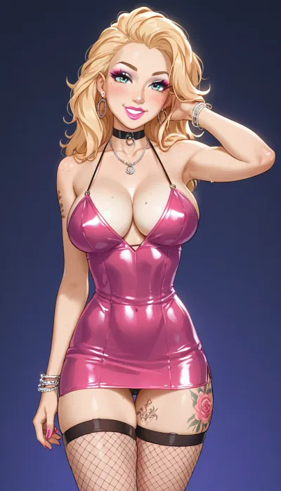 Egirl woman, 22 year old young woman, standing in a busy nightclub, short dress, fish net stockings, freckled, pink lipstick, slim waist, large tits, cleavage, large tattoo on leg and arm, Looking at viewer, sly smile, very voluptuous woman, discreet panty flash, <lora:cartoon_stickers_xl_v1:.8>, <lora:hentai_anime_style_xl_v1:.8>, <lora:eGirls_XL_v1:.8>