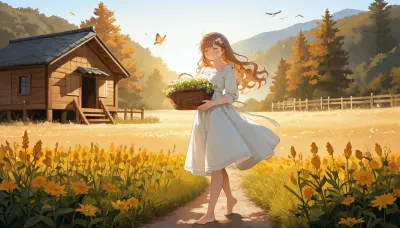 Beautiful young Slavic peasant woman in her early 20s walking barefoot along a narrow dirt path through misty hay fields at golden hour dawn, simple elegant cream linen dress with modest square neckline and rolled sleeves, slightly damp from morning dew clinging to the fabric, long wavy chestnut hair with wildflowers and herbs woven in, warm golden sunlight filtering through birch and oak leaves, soft volumetric god rays, light fog rolling over wildflower meadows, birds taking flight, dewdrops sparkling on grass and her skin, peaceful serene expression, face illuminated by warm light, eyes full of calm and quiet harmony with nature, carrying a small wicker basket filled with freshly gathered herbs, wooden fence and distant thatched cottages in soft background, idyllic pastoral atmosphere, cinematic lighting, painterly photorealistic, ultra detailed skin texture and linen fabric, masterpiece, best quality, 8k, intricate details, sharp focus, film grain, gentle genuine smile, eyes half-closed enjoying the sun, butterflies around her, scent of fresh hay and wildflowers, pure peace and harmony