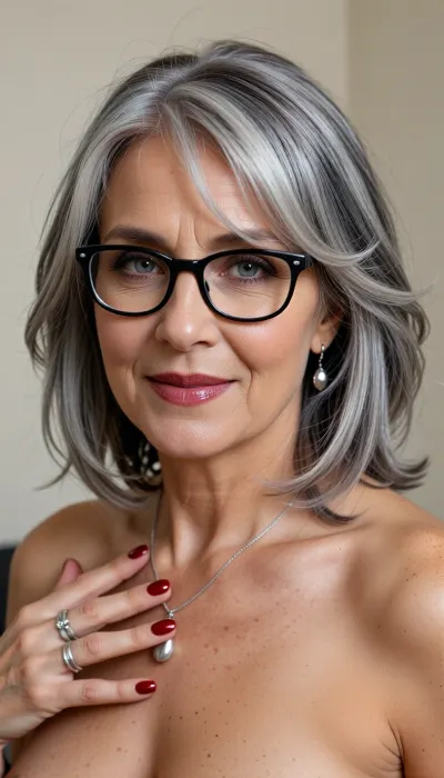 (Photorealistic portrait:70), 70 year old woman, beautiful 70-year-old woman. Paying particular attention to her hair.
Color, Silvery-white with subtle natural light-grey undertones, soft dimensional shading—brightest silver at the crown and face-framing strands, gently darker ash-grey at the roots and underlayers for depth.
Cut & Shape, Short, textured, layered bob—approximate length, jaw-length to just above shoulders. Fullness and volume concentrated at the crown and top, layers are soft and feathered, not blunt.
Front & Bangs, Soft, wispy, curtain-style bangs that blend seamlessly into side layers—parted slightly off-center, sweeping gently toward the temples, never heavy or straight-cut.
Texture & Flow, Wavy, tousled, naturally soft movement—strands appear light and airy, with individual fine-to-medium thickness visible. Sides frame the face, tapering softly near the ears, back has gentle fullness without bulk.
Styling Finish, Polished yet relaxed—no harsh shine, soft natural volume, strands fall loosely to frame forehead and cheekbones, some fine face-framing pieces lift lightly for a lived-in, elegant softness. She wears black round glasses with silver accents, dark caramel brown eyeshadow, glossy dark red lipstick. Silver drop earrings, silver pendant necklace, multiple silver rings. Named Joanna, she has bright, clear grey-blue eyes that stand out vividly, accentuated with dark eyeliner, large pupils, (natural beauty:1.2), english roots, perfect slutty eye makeup, manicure, glossy dark red fingernails, She has expression lines and fine wrinkles under her eyes. Her body is gently wrinkled, with a generous, sagging bust with prominent nipples and soft buttocks. Warm friendly smile, soft indoor lighting, plain light wall background, natural lifelike details.