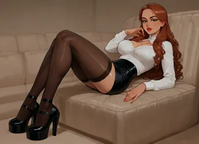 Incase style, Secretary girl, sexy pose, in the luxury office, long curled hair, black leather mini skirt, white blouse with a deep neckline, stockings, high‑platform shoes.Big fake lips, slutty makeup, <lora:Incase_Style__SDXL:1>, <lora:Nicky_XL:1>