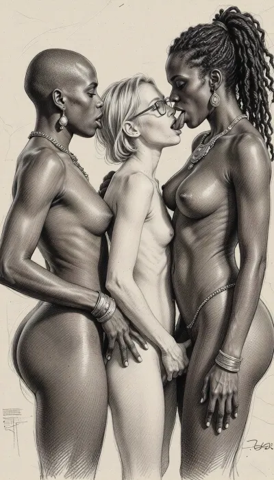 (full body view), rough charcoal sketch on textured paper, ethnographic study style. Three beautiful nude women engaged in explicit lesbian sexual intercourse. Composition features two delicate busty African women with wide hips and traditional jewelry, one with bald head and the other with long dreadlocks and between them one pale, skinny Scandinavian blonde woman with very short hair, small breasts and glasses. Precise facial and haircuts rendition based on reference. Depicting clear cunnilingus, tongue licking vulva, lips on nipples, and fingers in vagina. Clean line art, high contrast shading, anatomical accuracy, detailed charcoal texture. No male genitals, no futanari, no males