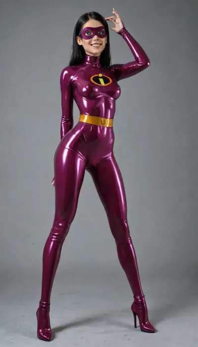 reiq style, (dynamic pose:1.8), (full body), (full body distant view:1.8), (super sexy violet parr:1.1), 28yo, violet parr, (without her mask), (((without her mask))), (((no mask:2))), beautiful tits, bell shaprd tits, upward pointing nipples and breasts, stays on very sexy pose, (one hand to her head, one hand lift her butt), hdr, long straight black hair, ((original suitcolours from the motionpicture, the incredibles)), incredibles, tight and firm, slender girl, very petite girl, very detailed, Best quality, realistic, (acting innocent, cute face:1.2), score_10_up, score_9_up, score_7_up., ((masterpiece of a girl on flat black background)), looking at viewer, surprise, moaning, standing, latex suit, (detailed glute curves:1.2), (slender teеnage waif-like figure:1.3), tits hard firm, erotic, sexy Seductive, beauty, breasts, erect nipples, athletic, waist, tight body, slim neck, narrow shoulders, stunning, shy, sweet, innocent, slutty slut, vibrant colored, wasp waist, small waist, tight hips, small hips, extremely beautiful, smiling, ((perfect white teeth)), ((perfect face)), (small curved ass and upper body), separate legs, wide stand, ((slender long legs)), (((perfect hands))), ((slim thighs:1.6)), wide open legs, ((leg extended to side:.8)), pushed ass, beautiful lighting on the body, (((beautiful, gorgeous girl))), legs apart, (firm round buttocks:1.6), ass crack, bulge ass, tight butt, detailed skin texture, masterpiece 64k, UHD 64K, (award winning shot), ((ultra realistic:1.8)), ((ultra detailed face:1.4)), ((maximum quality:1.4)), (high resolution:1.4), (extreme detail:1.4), (ultra realism:1.8), 8k, highly detailed, full body viev, <lora:detailed_notrigger:2>, <lora:add-detail-xl:2>, <lora:LCMTurboMix_Euler_A_fix:1>