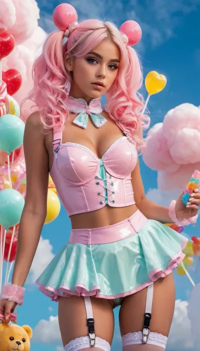 new, (well-lit scene), (rim light), (DSLR photo), (((good hands))), ultra detailed anatomy Photorealistic style, cinematic dark lighting, an interplay of light and shadows, artsy, 8k ultra-detailed, front view, (26 years old:1.2), absurdres, Aesthetic Anime, Raffside, a bratty candycore dreamgirl with oversized rainbow double ponytails exploding with sprinkles and gummy charms, wearing a bubblegum pink latex crop top with cartoonish heart-cutout cleavage, a mint gloss miniskirt with glittery suspenders, and jelly-platform boots shaped like gummy bears, surrounded by floating sugar drones, her lollipop scepter cocked over one shoulder, the background is a chaotic cotton-candy rave cloud kingdom, Flux Ultra style, sparkle filters, soft focus and radiant sugar fog, 85mm f/2.2., pseudo-realistic, semi-realism, realism, ((muscular)), (ultra, HD, quality, details), bioluminescent, dress, burlesque, butterfly, crystalline, cute, maid, fairy, flower, idol, iridescent, clothing, liquid, princess, ruffled, lingerie, sailor, senshi, uniform, tennis, underbust, corset, victorian, water, <lora:RMSDXL_Creative:.6>, <lora:aesthetic_anime_v1s:.7>, <lora:Niji_Mega_XL-000001:.7>, <lora:xl_n15g_aio_clothing-2.0:.8>, <lora:Skirt Length - SDXL_alpha1.0_rank4_noxattn_last:1.3>