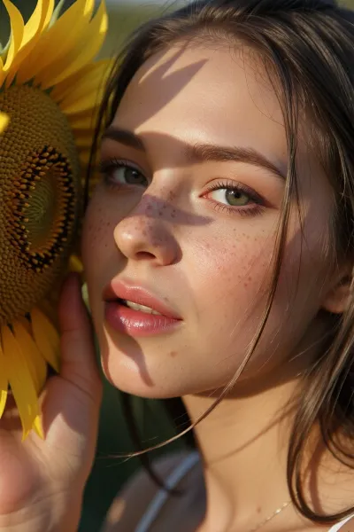A macro portrait of a beautiful young woman in a field of sunflowers. She gently presses a large sunflower against her cheek, whilst the soft afternoon sunlight casts dappled shadows across her face. Freckles on her skin, a sheen on her lips, and individual strands of hair swaying in the gentle breeze. Hyper-realistic details, a creamy background with a bokeh effect, professional photography, (natural lighting), .